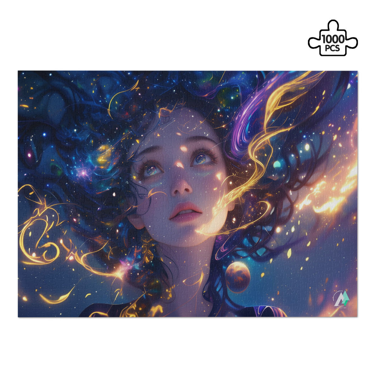 Cosmic Serenity I Puzzle features a colorful-haired girl in a fantastical scene, available in 500 or 1000 pieces, crafted on premium ivory cardboard.