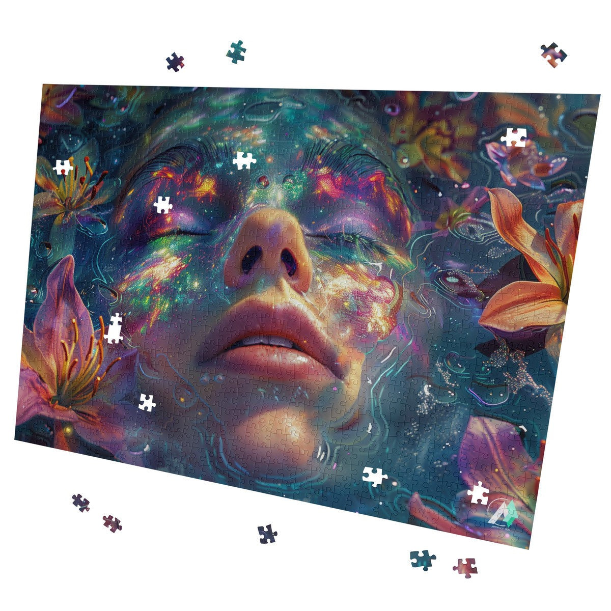 Emergence III Puzzle featuring a woman's face with flowers, available in 500 or 1000 pieces, crafted from premium ivory cardboard with a satin finish.
