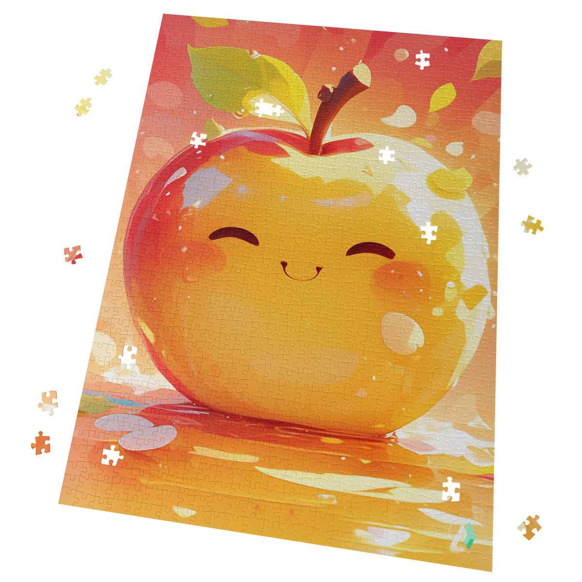 Chibi Apple Puzzle featuring a whimsical yellow apple design, available in 500 and 1000 pieces, made from premium ivory cardboard with satin finish.