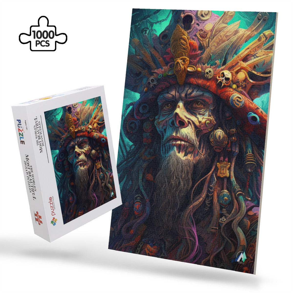 Pirate Lord III Puzzle: A 500 or 1000-piece jigsaw featuring a bearded man with a pirate hat, crafted from premium ivory cardboard.