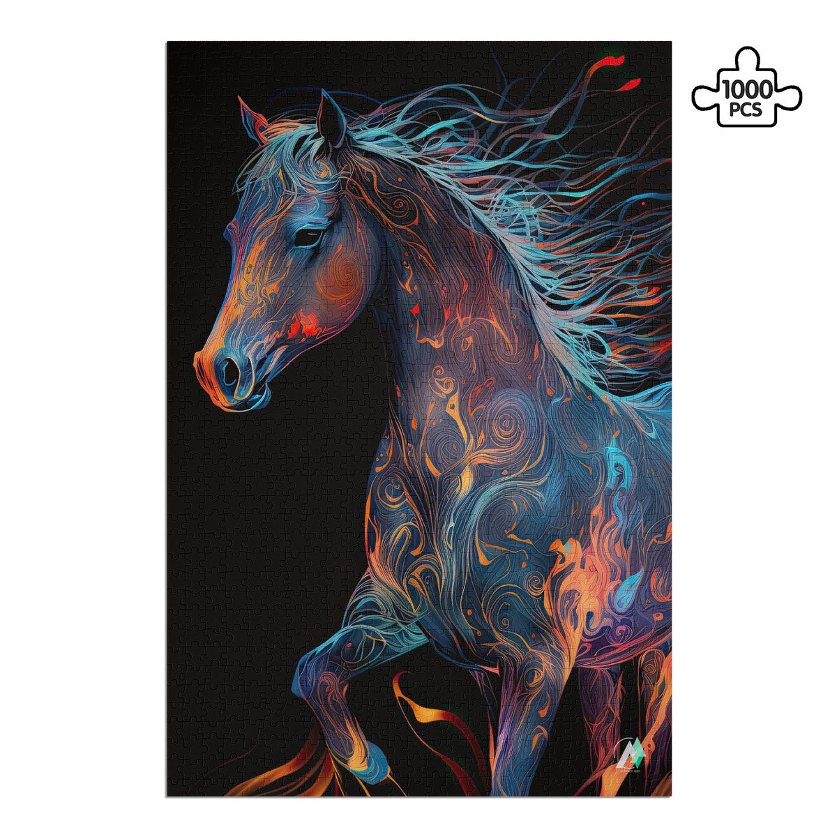 Embermane Puzzle features a detailed image of a horse, available in 500 or 1000 pieces, crafted from premium ivory cardboard with a satin finish.