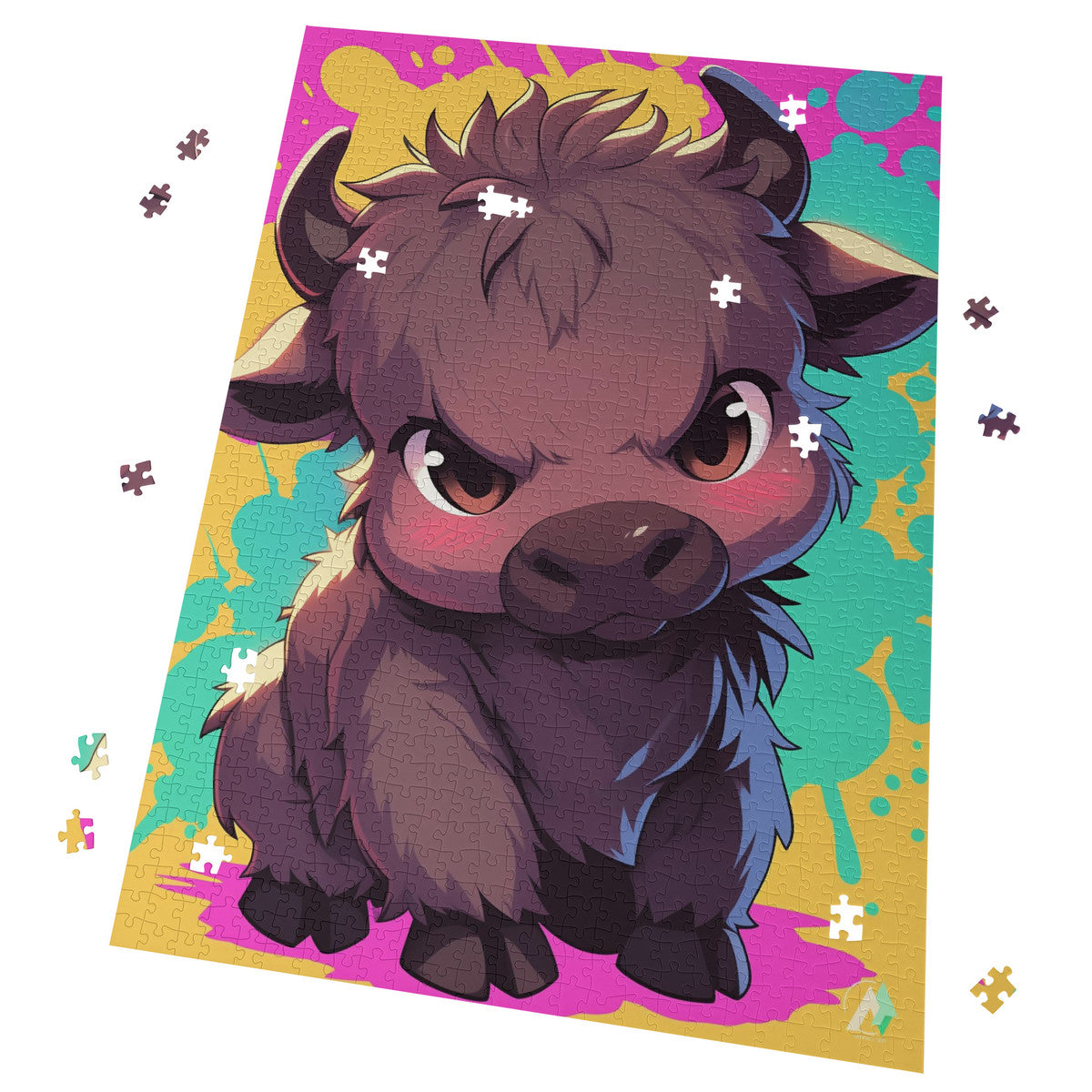 Chibi Safari Wildebeest Puzzle featuring a cartoon buffalo design. Available in 500 and 1000 pieces, crafted from premium ivory cardboard with a satin finish.