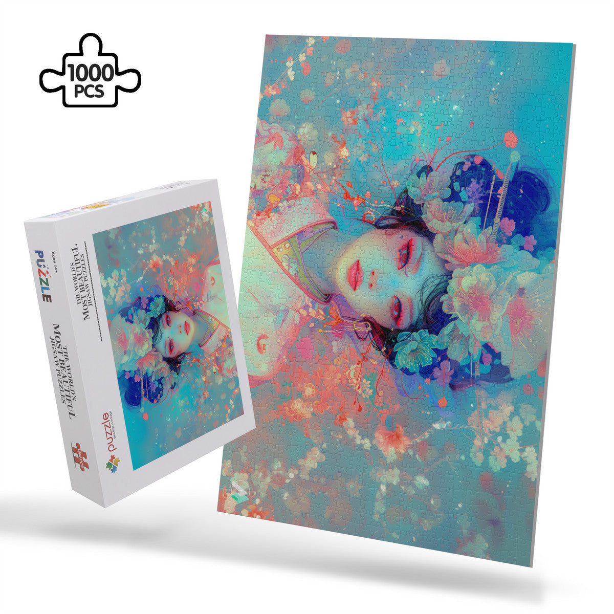 Boho Geisha I Puzzle featuring an Asian woman's portrait with flowers in her hair, available in 500 and 1000 pieces, by artist @shinjoku13.