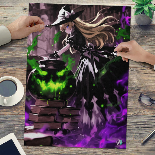 Balliana's Brew Puzzle features a cartoon witch with a cauldron emitting green and purple smoke, available in 500 or 1000 pieces.