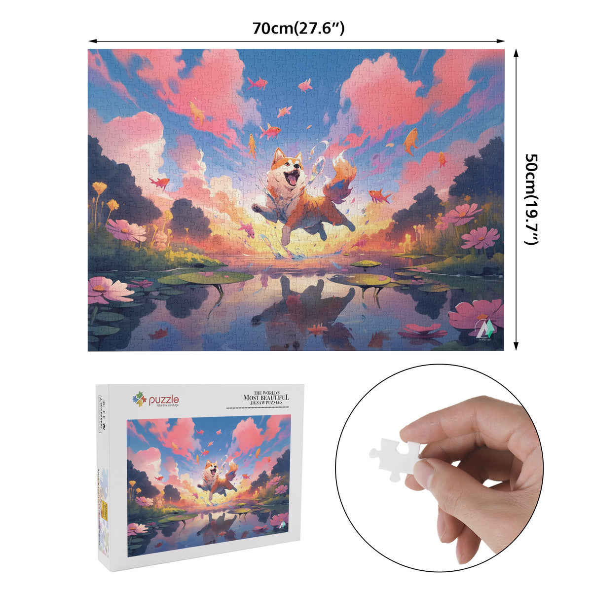 Chibi Shiba VI Puzzle featuring a dog jumping with goldfish in a fantastical scene, available in 500 or 1000 pieces.