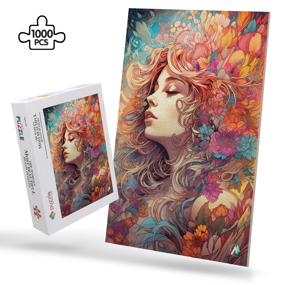 Beauty in Bloom I Puzzle features a woman's portrait with flowers in her hair, available in 500 and 1000 pieces, crafted from premium ivory cardboard.