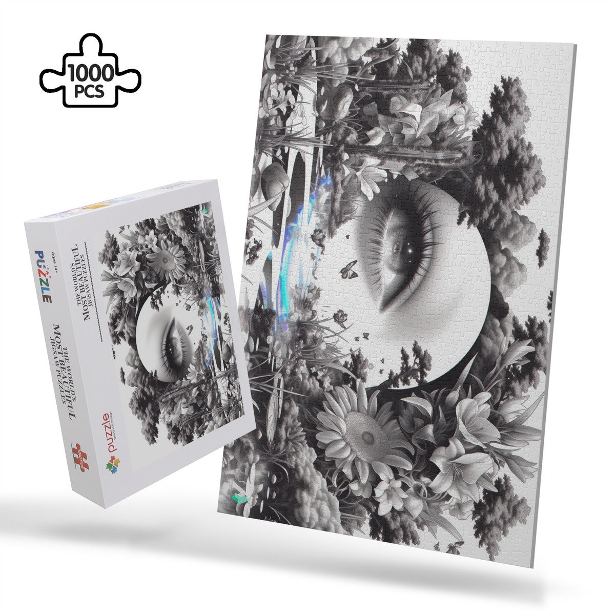 Peering Into I Puzzle: A visually intricate jigsaw featuring surreal art of eyes and butterflies, available in 500 or 1000 pieces, crafted from premium ivory cardboard.