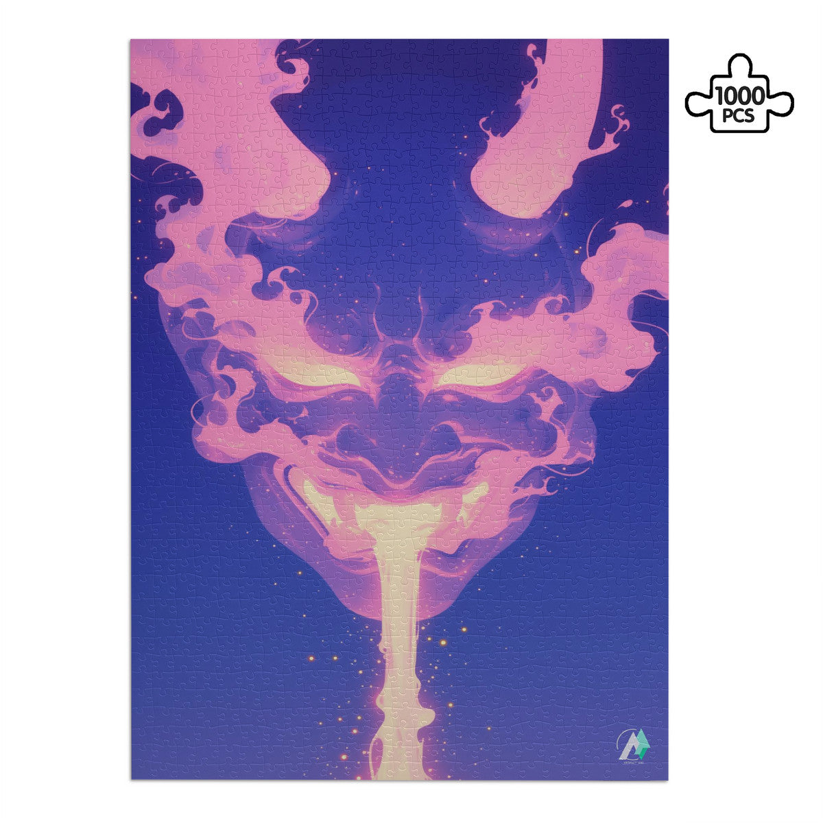 Oni Spirit Mask V Puzzle featuring an artistic face with pink smoke design, available in 500 and 1000 pieces, crafted from premium ivory cardboard.