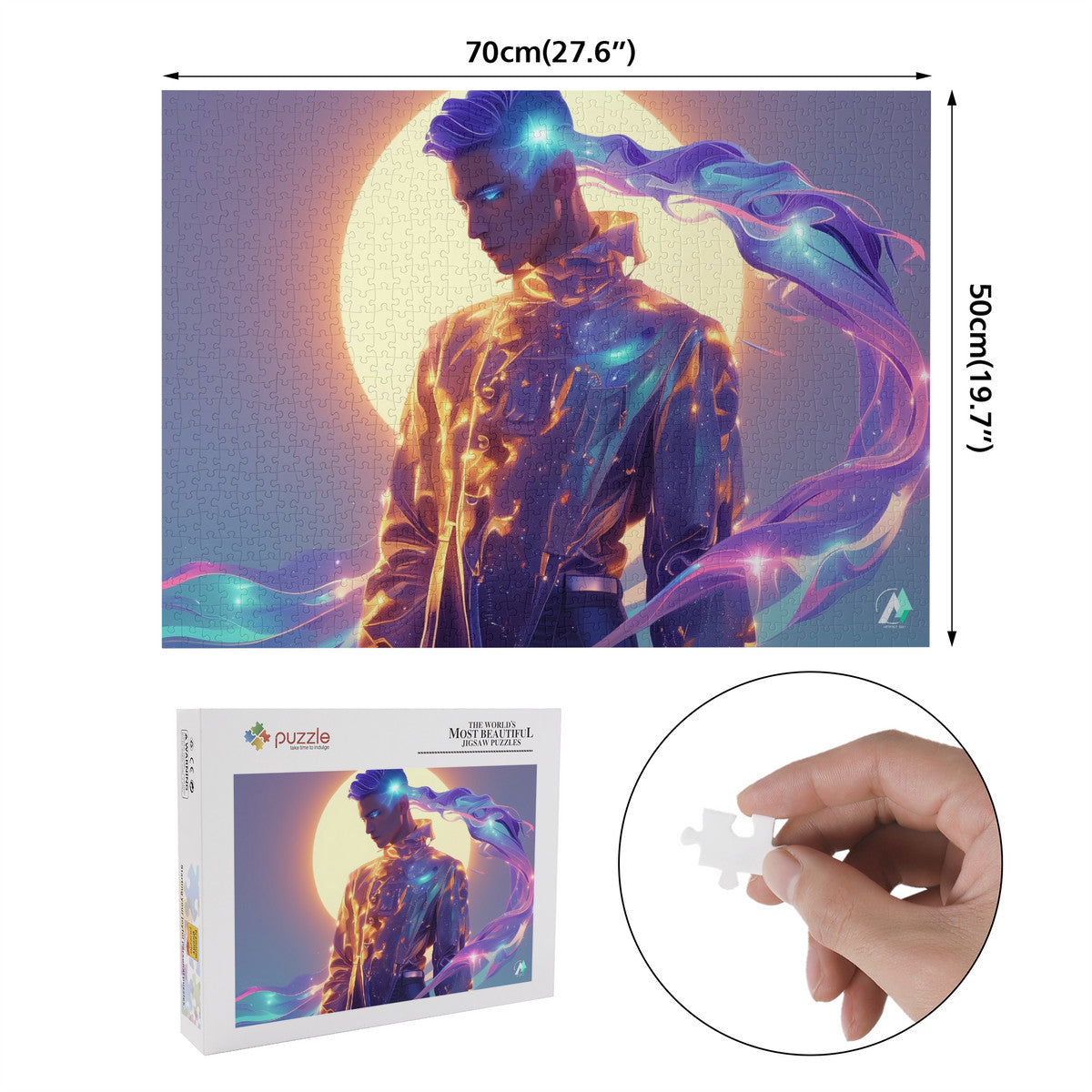 Cy Ber Ne Tic I Puzzle features a man with glowing purple blue hair in a shiny suit, crafted from premium ivory cardboard.