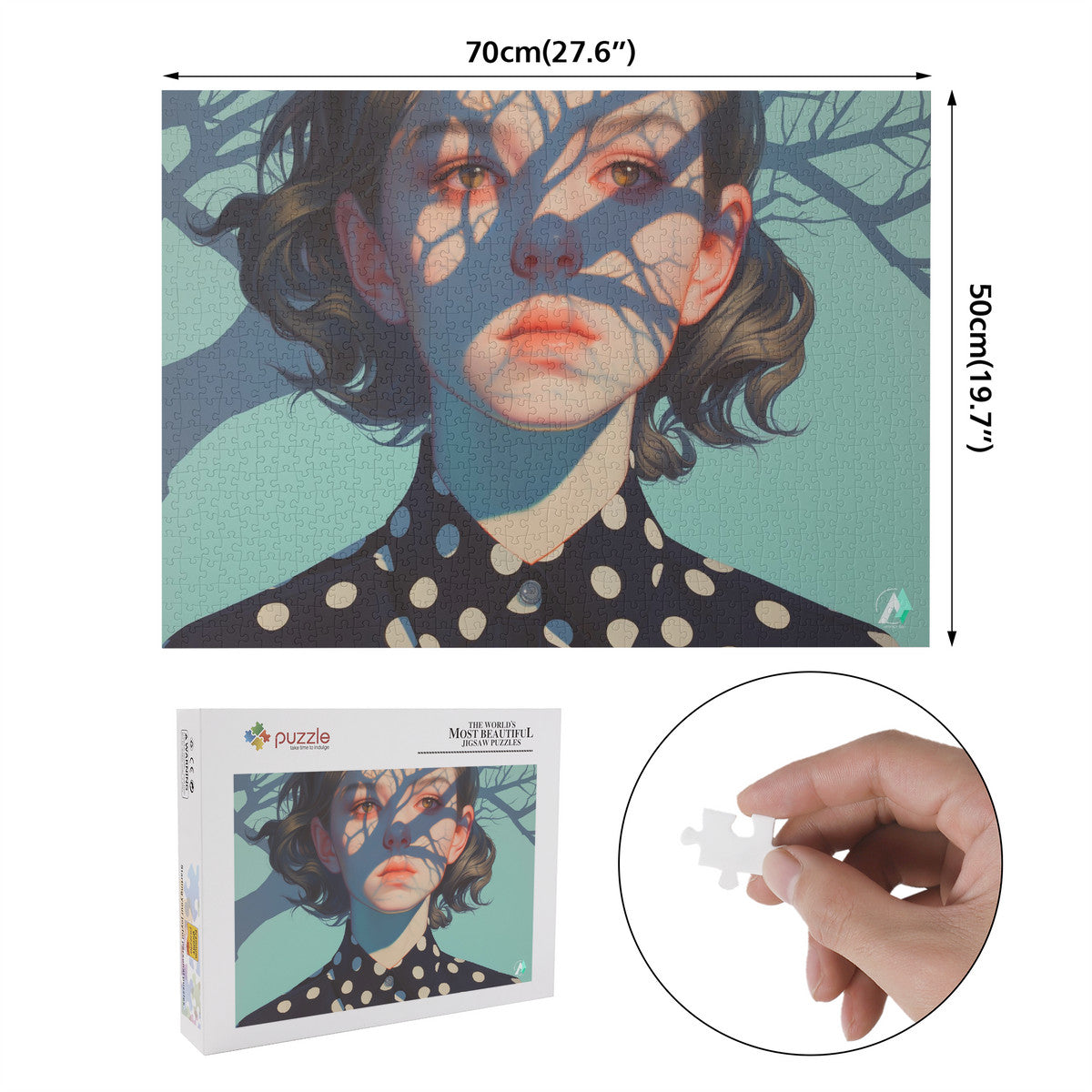 Surreal Feminine II Puzzle: A 500 or 1000-piece jigsaw featuring a woman's face artwork by @shinjoku13, crafted on premium ivory cardboard.
