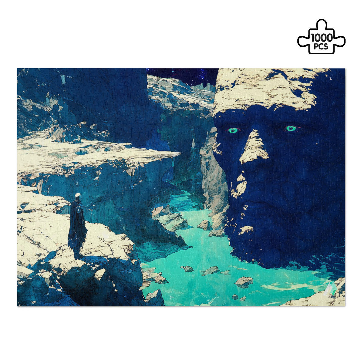 Galleria Galactica I Puzzle features an artwork of a man on rocks with a face in the background, available in 500 or 1000 pieces.