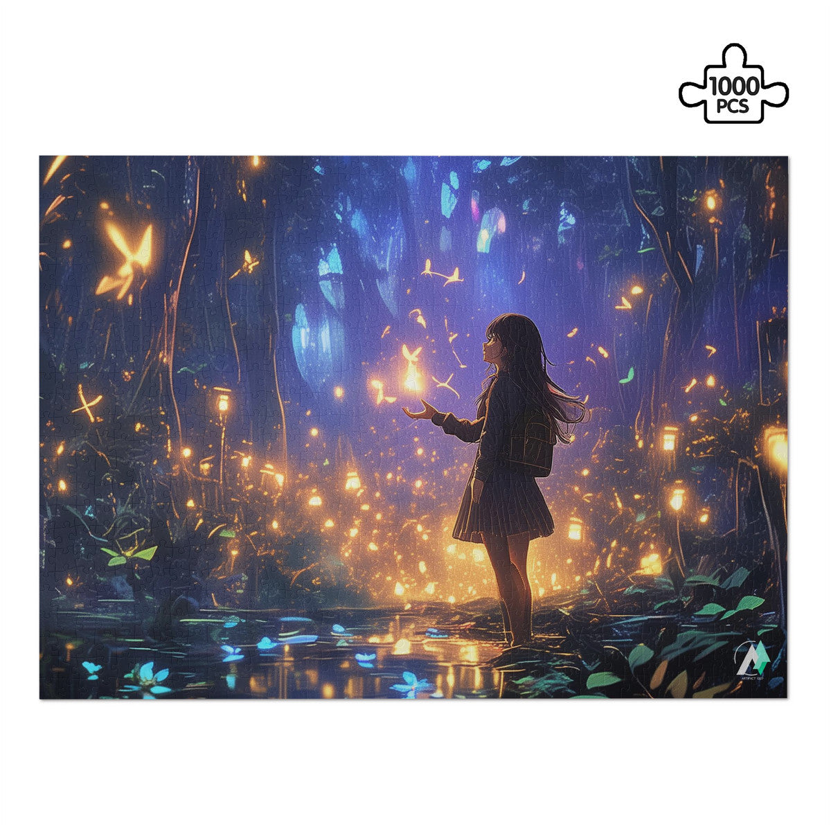 Girl in forest with butterflies, featured in Forest of Magic IV Puzzle. Available in 500 and 1000 pieces, crafted from premium ivory cardboard.
