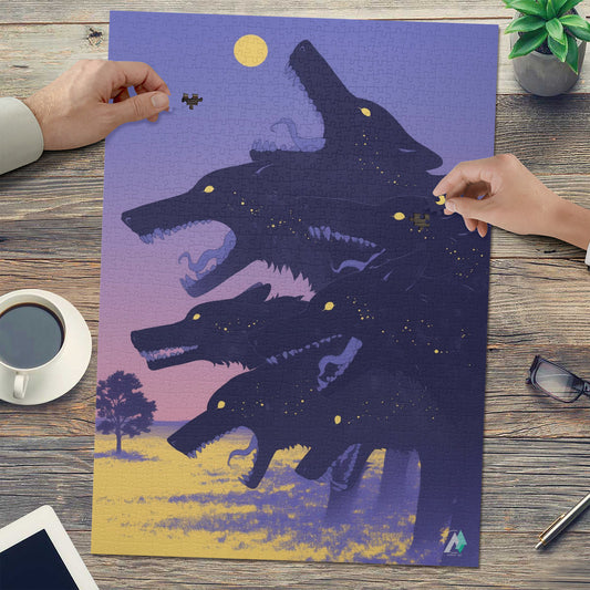 Hounds Unleashed IX Puzzle: A jigsaw puzzle depicting a group of wolves, available in 500 or 1000 pieces, crafted from premium ivory cardboard.