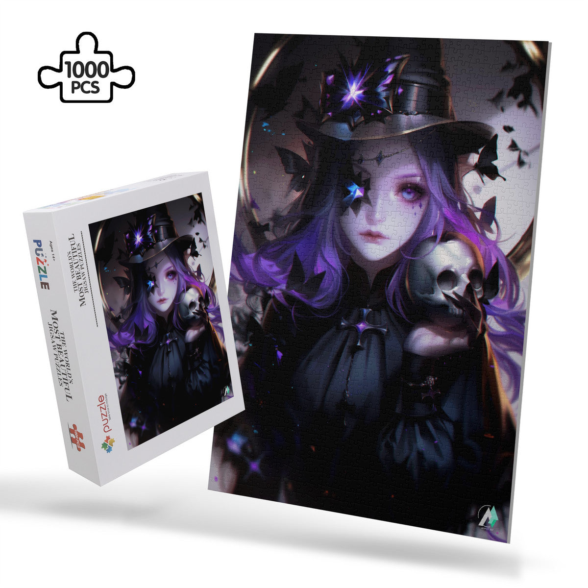 Brona and Friend Puzzle features a woman with purple hair holding a skull, inspired by artistic motifs and crafted from premium ivory cardboard.