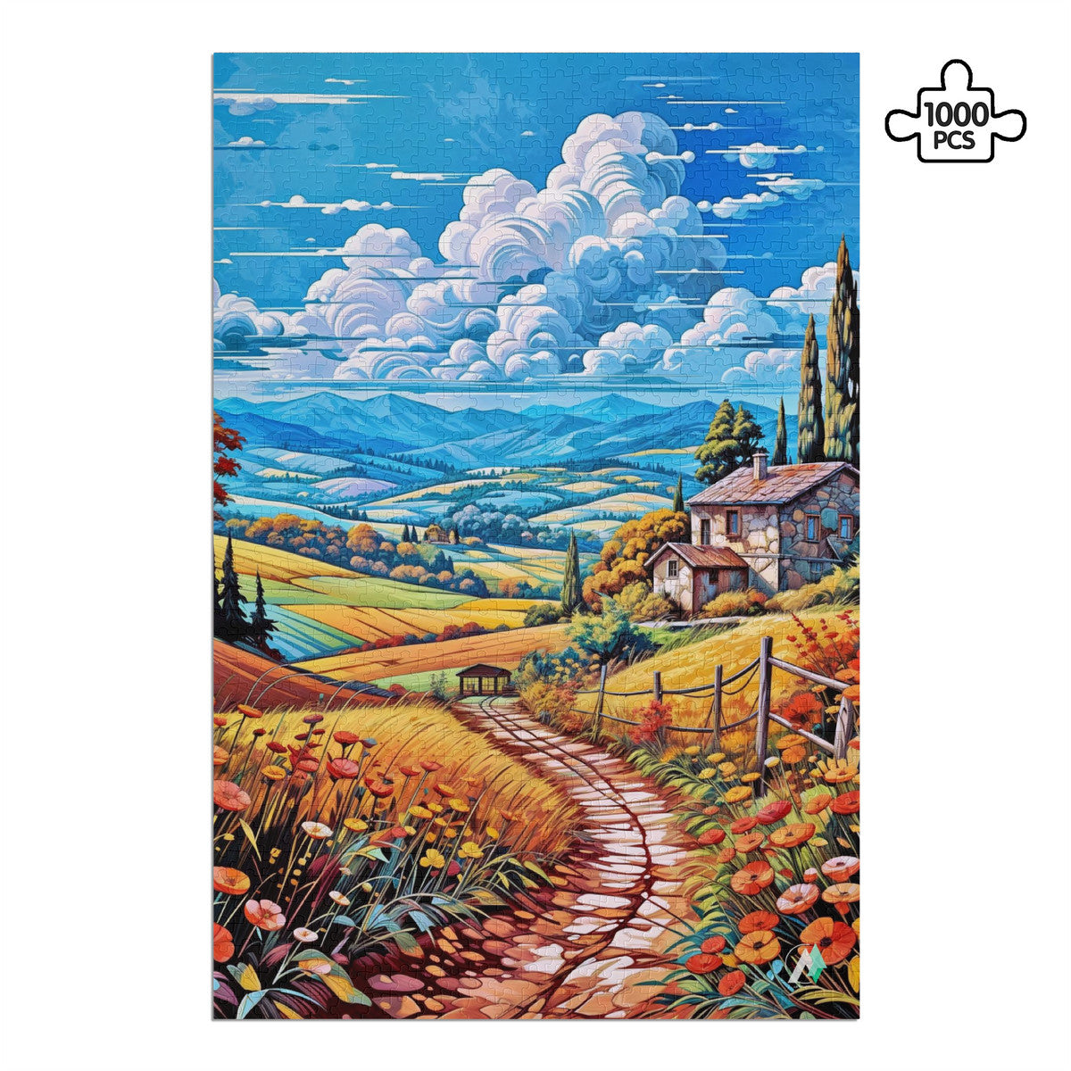 Poppies in Bloom Puzzle featuring a scenic house and path amidst a vibrant field, available in 500 and 1000 pieces.