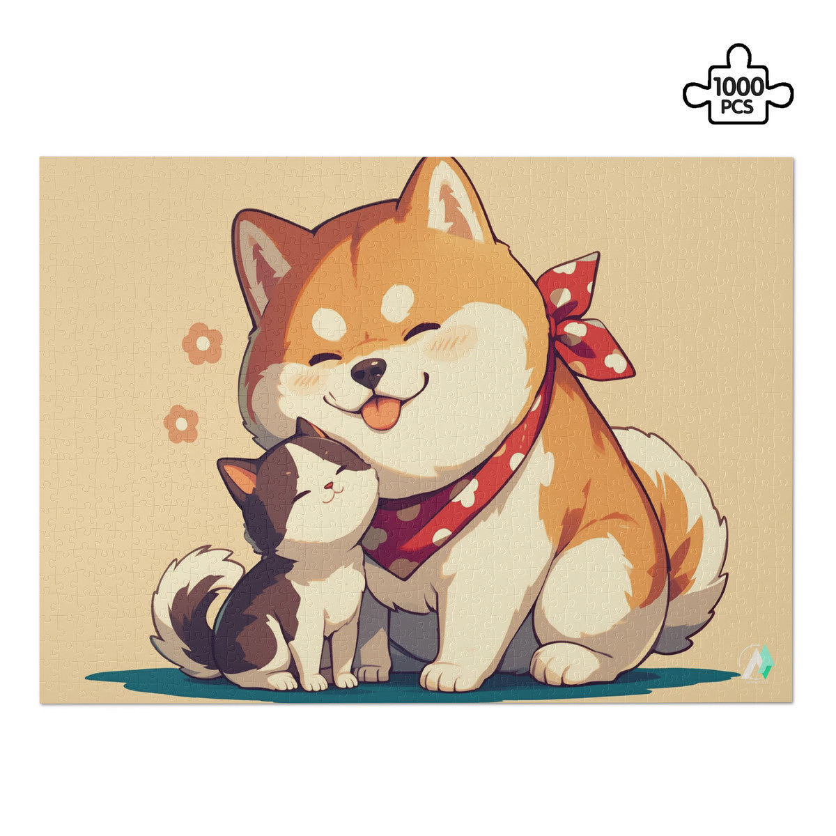 Chibi Shiba II Puzzle featuring a whimsical dog and cat illustration, available in 500 or 1000 pieces, crafted from premium ivory cardboard.
