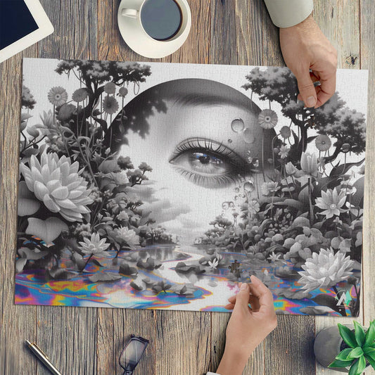 Peering Into III Puzzle: A jigsaw puzzle featuring a woman's eye surrounded by flowers, crafted from premium ivory cardboard. Available in 500 and 1000 pieces.