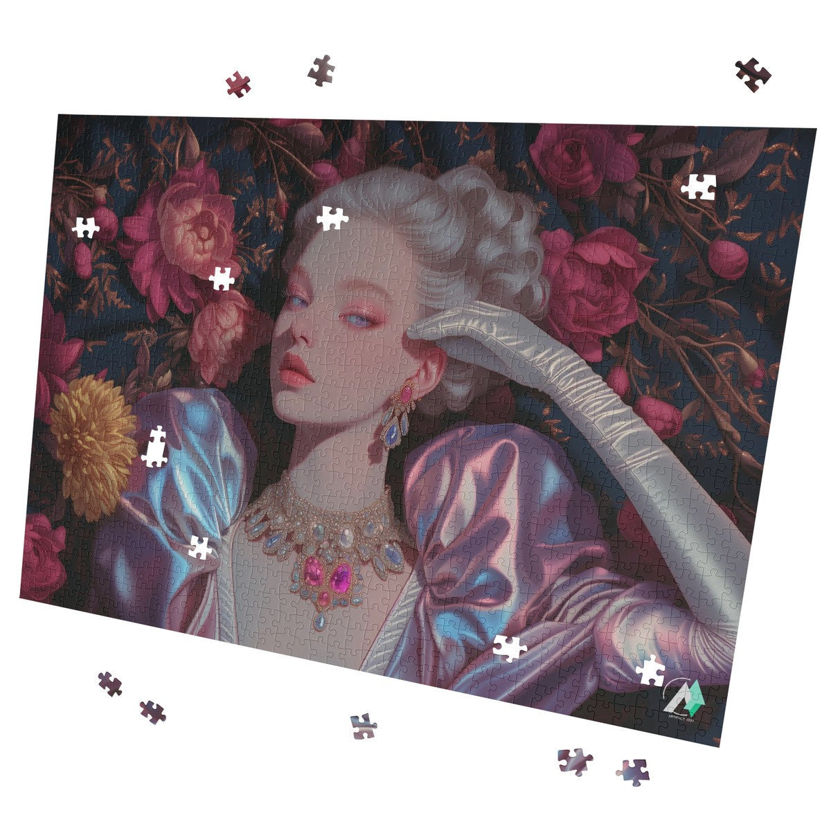Let Them Eat Cake I Puzzle depicting a woman with jewelry, featuring intricate artwork by @shinjoku13, available in 500 and 1000-piece options.