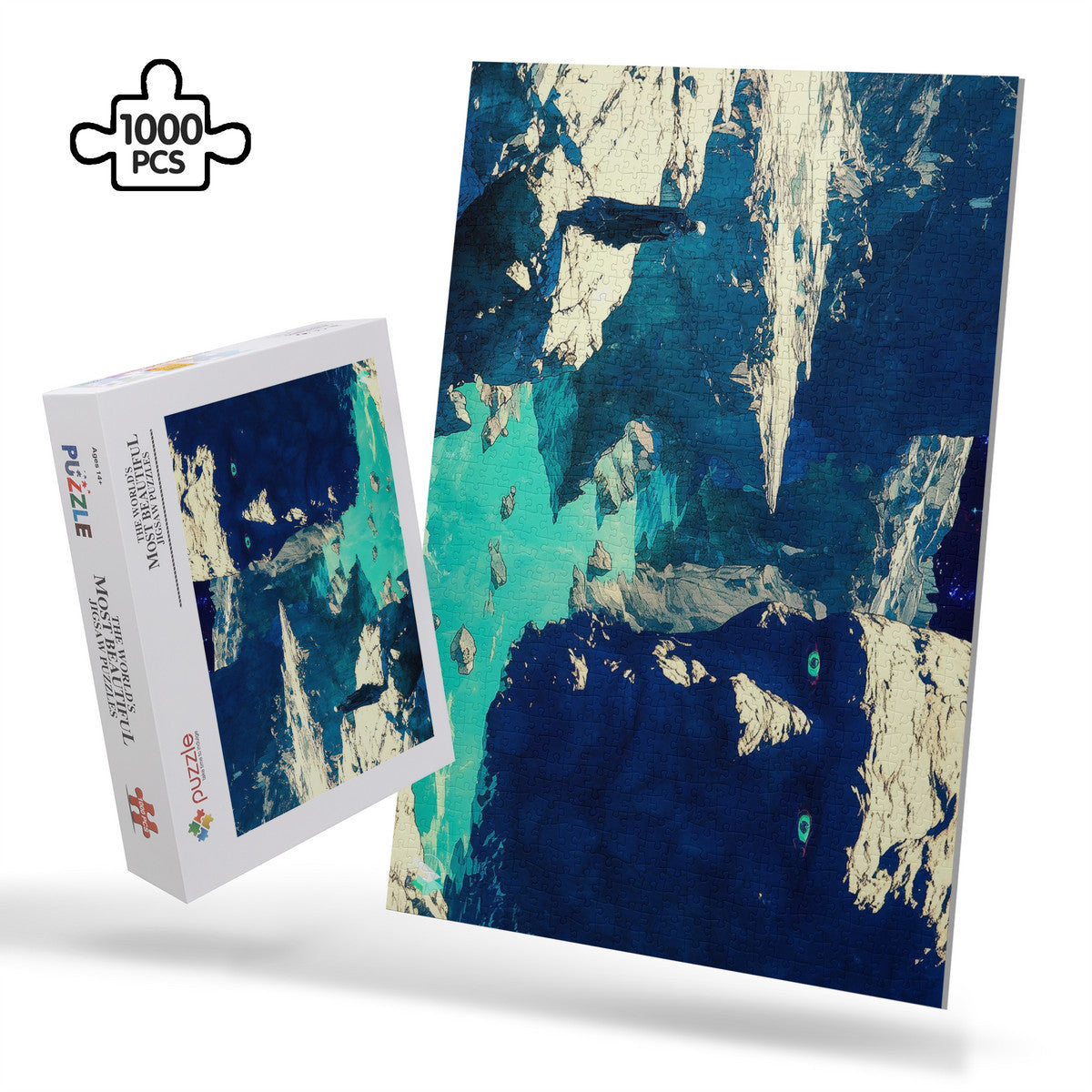 Galleria Galactica I Puzzle features an artwork of a man on rocks with a face in the background, available in 500 or 1000 pieces.