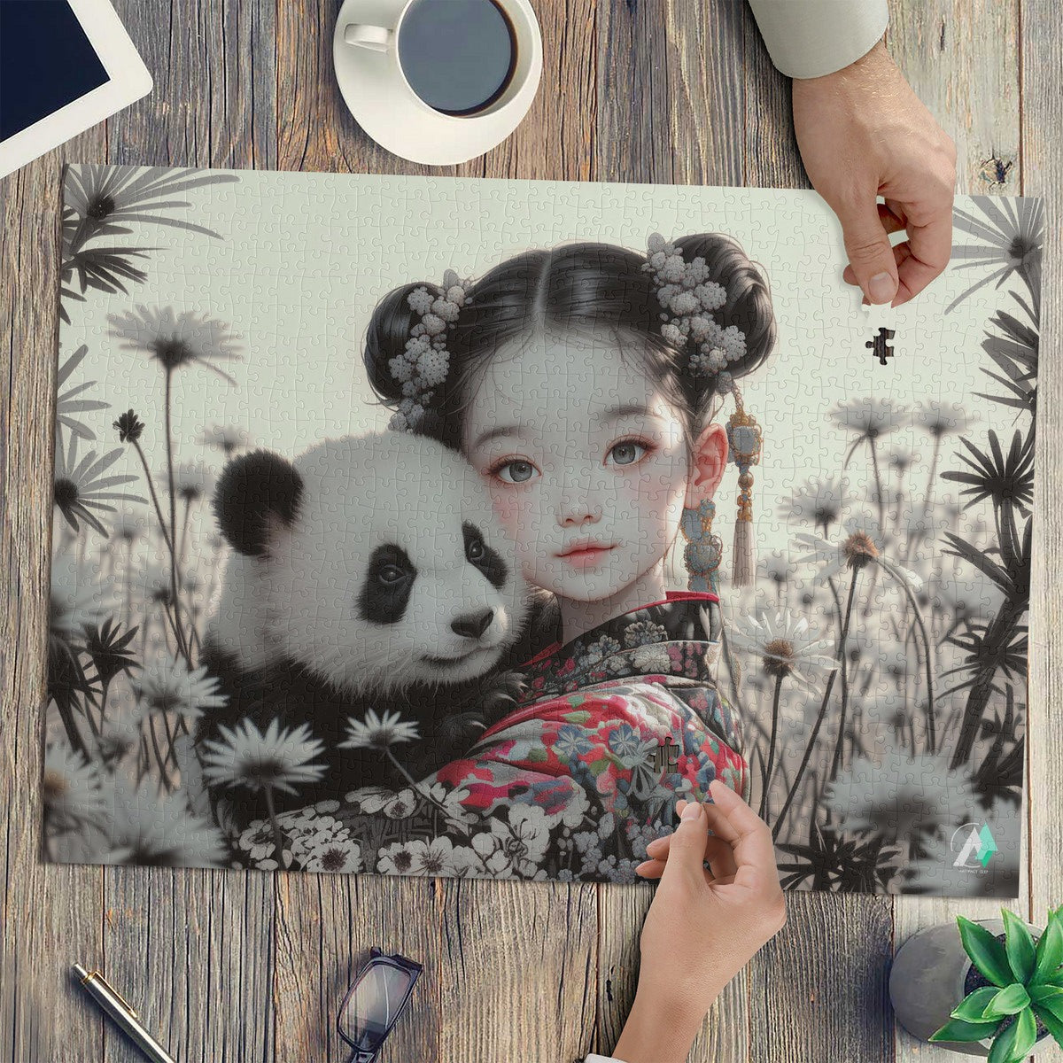 Panda Princess puzzle features a girl holding a panda, crafted on premium ivory cardboard. Available in 500 and 1000 pieces, designed by @shinjoku13.