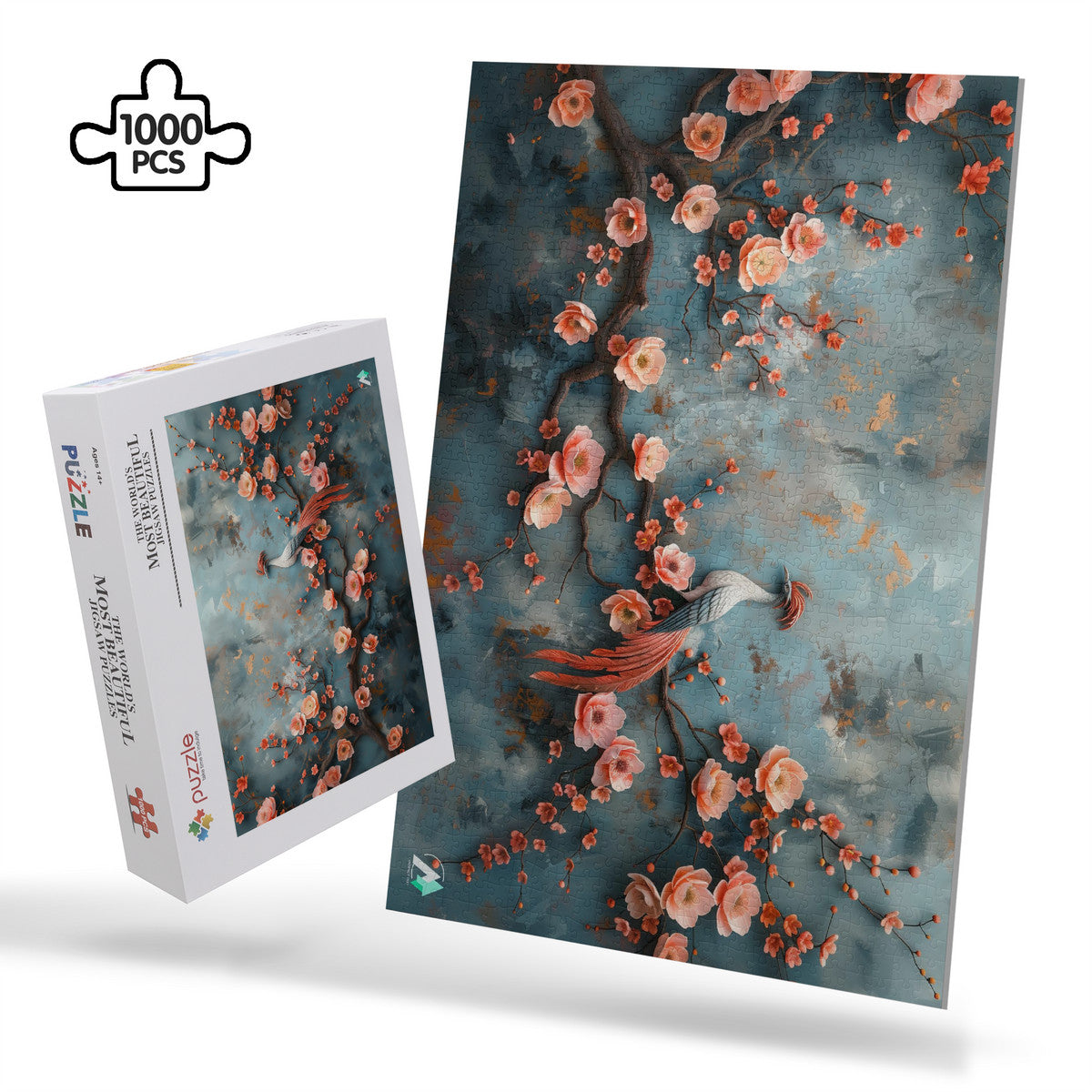 Blossom's Balladeer I Puzzle features a bird perched on a branch surrounded by flowers, available in 500 or 1000 pieces.