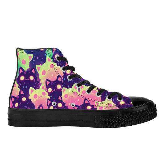 Feline's Gaze III (Blk) 🐱👁️ | 1337 High Tops feature neon cat pattern on canvas, black sole, toe cap, laces, offering unique, artistic expression.