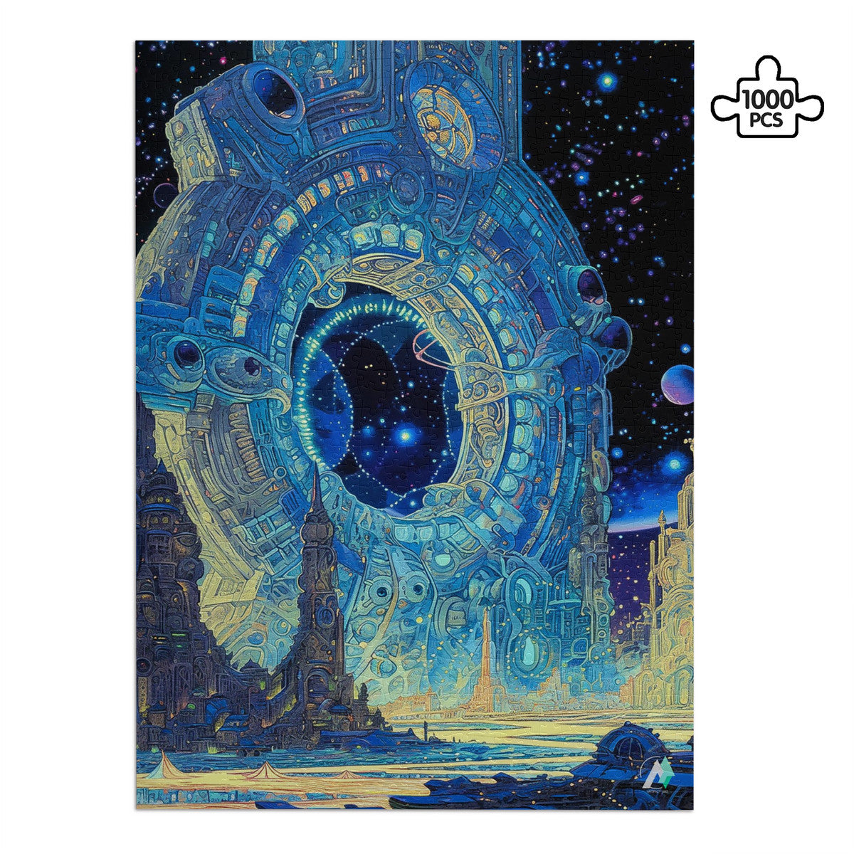 Galleria Galactica VI Puzzle: A circular space gate with city backdrop, available in 500 or 1000 pieces, crafted from premium ivory cardboard.