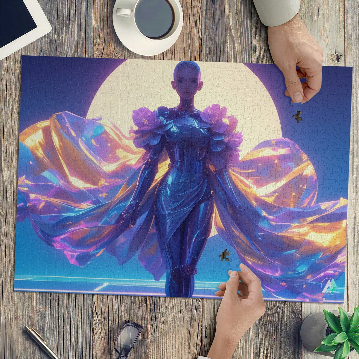 Amara-X II Puzzle featuring a woman in a garment, combining art and fashion. Available in 500 and 1000 pieces, made from premium cardboard.