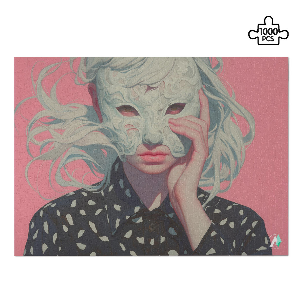 Surreal Feminine IV Puzzle featuring a woman with a mask. Available in 500 and 1000 pieces, crafted from premium ivory cardboard.