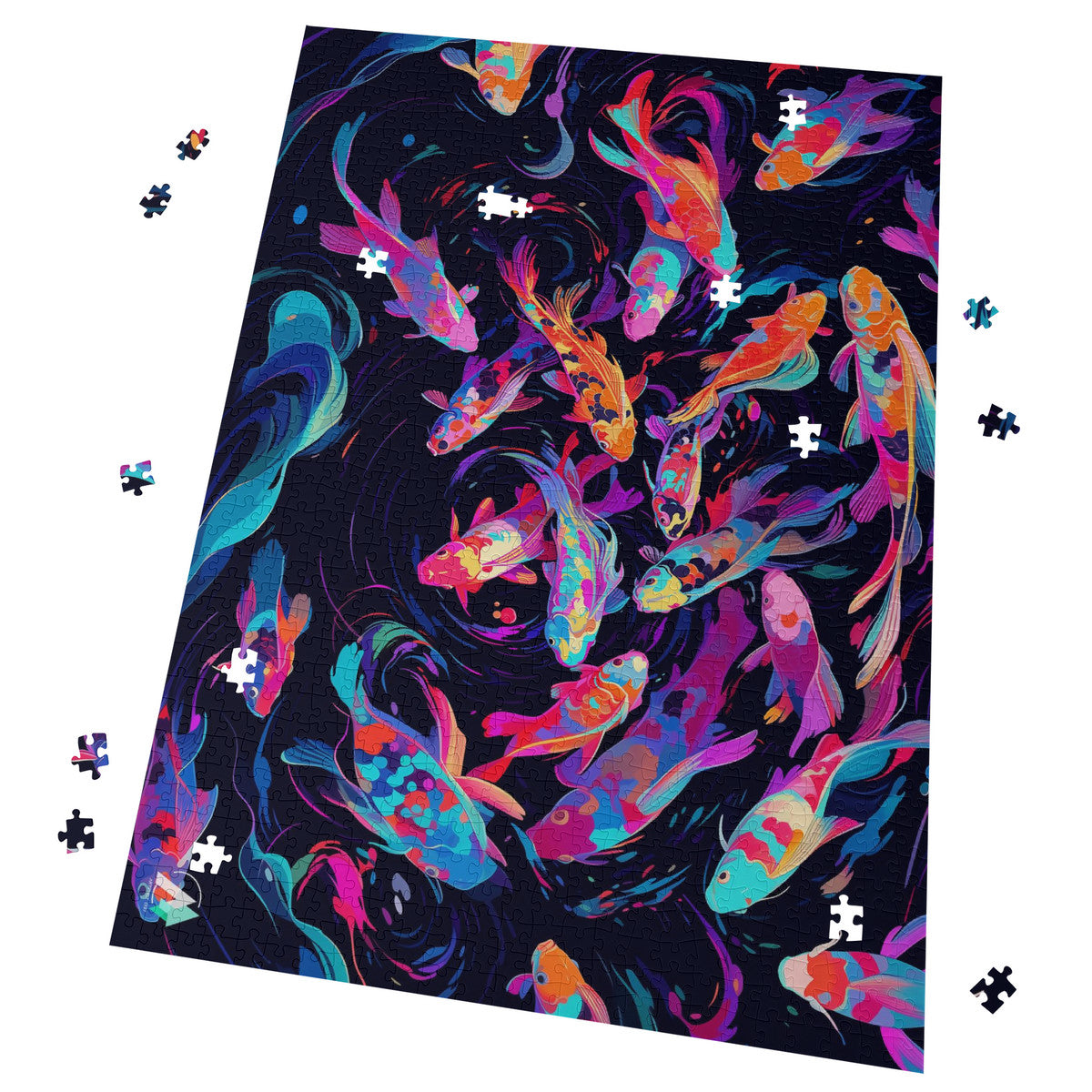 Neon Nishikigoi Koi Puzzle featuring vibrant fish artwork, available in 500 or 1000 pieces, crafted from premium ivory cardboard with a satin finish.
