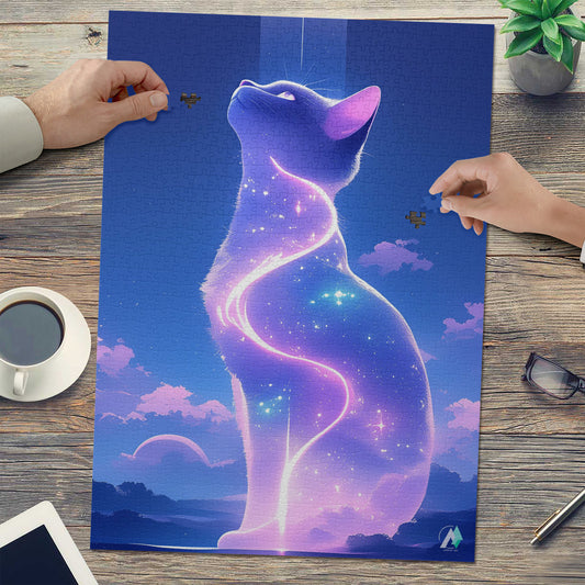 Milky Way Meow IV Puzzle showcases a cat-themed jigsaw puzzle, available in 500 and 1000 pieces, crafted from premium ivory cardboard.