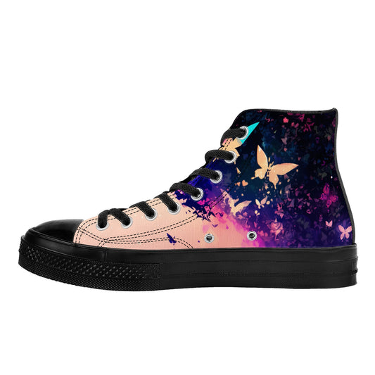 The Hero of Butterflies III 🧝♂️🦋 | 1337 High Tops feature a gradient canvas with butterfly silhouettes, black rubber sole, and metal eyelets, epitomizing exclusive art haus design.
