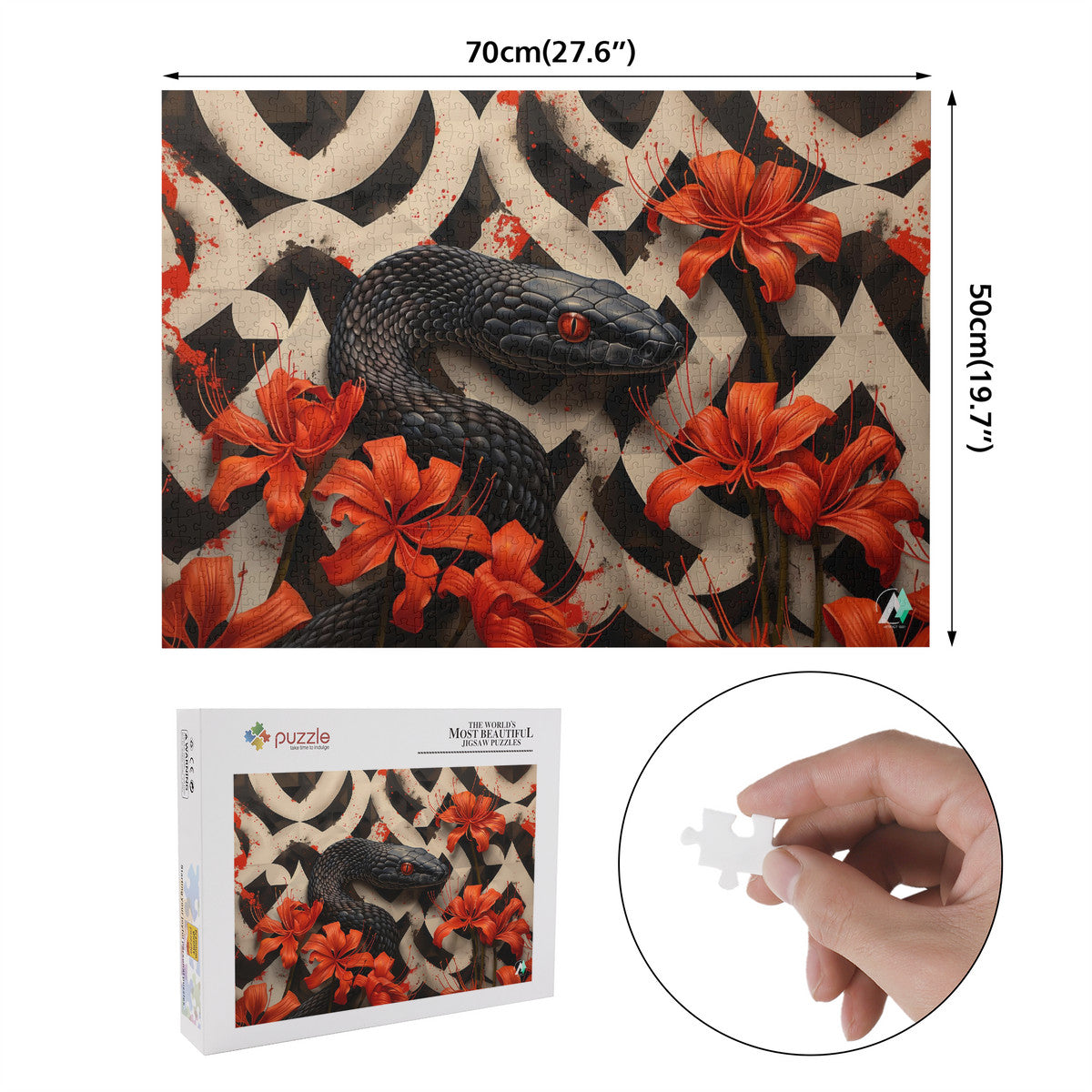 Hibiscus Serpent Puzzle featuring a snake entwined with flowers, available in 500 or 1000 pieces, crafted from premium ivory cardboard.