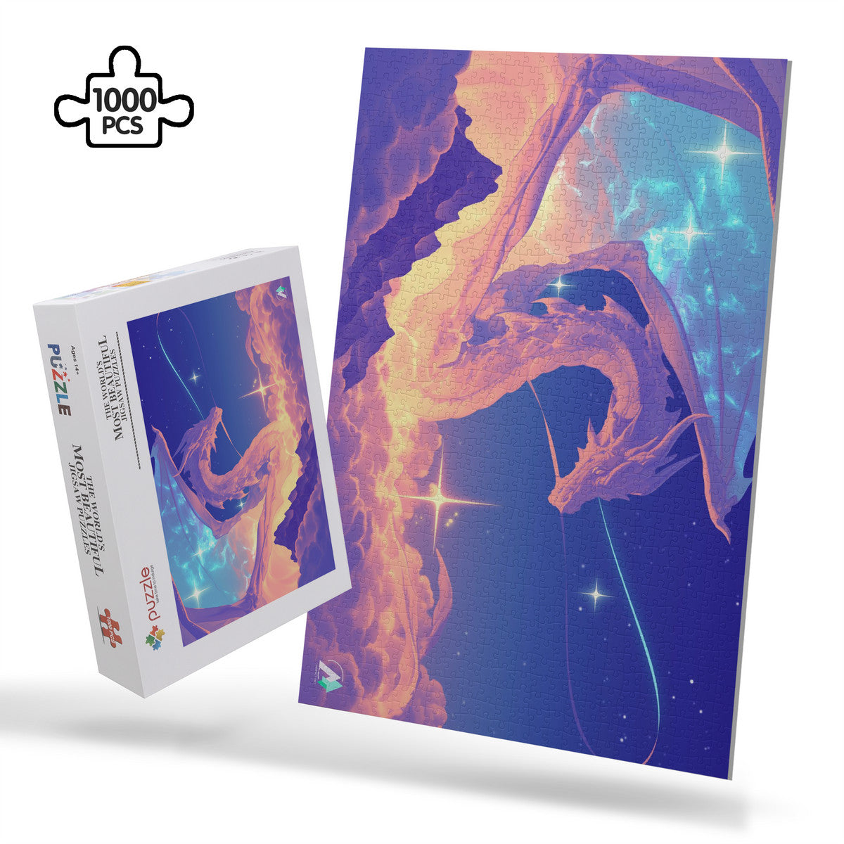 Supernal Wisdom Puzzle featuring a dragon design, available in 500 or 1000 pieces, crafted from premium ivory cardboard with satin finish.