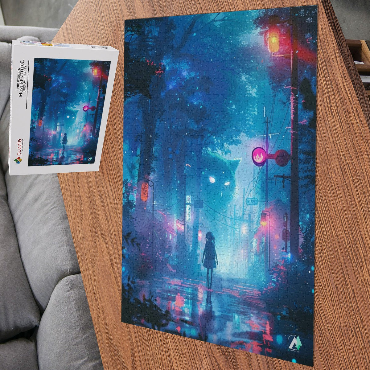 The Yokai Mystiques III Puzzle features a girl with a giant cat spirit walking on a street, available in 500 and 1000 pieces.