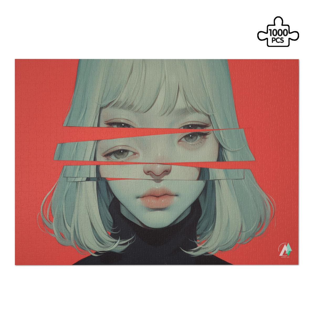 Surreal Feminine III Puzzle featuring a girl's illustrated face by artist @shinjoku13, available in 500 or 1000 pieces, made of premium ivory cardboard.