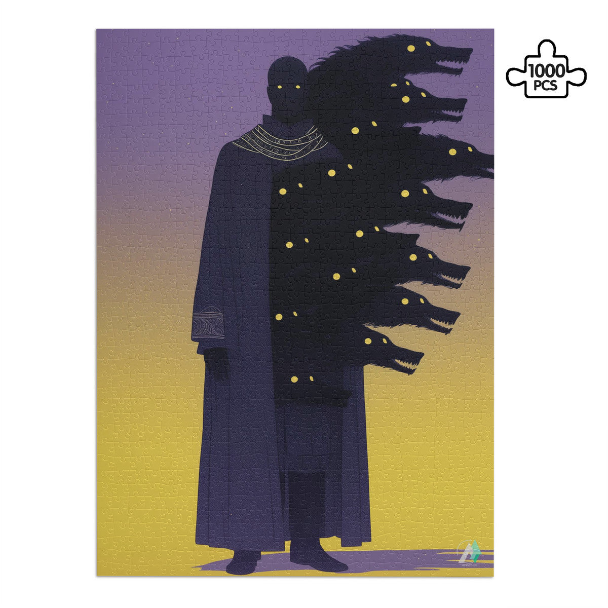 Hounds Unleashed VII Puzzle featuring a man with a large black wolf head, available in 500 and 1000 pieces, premium finish.