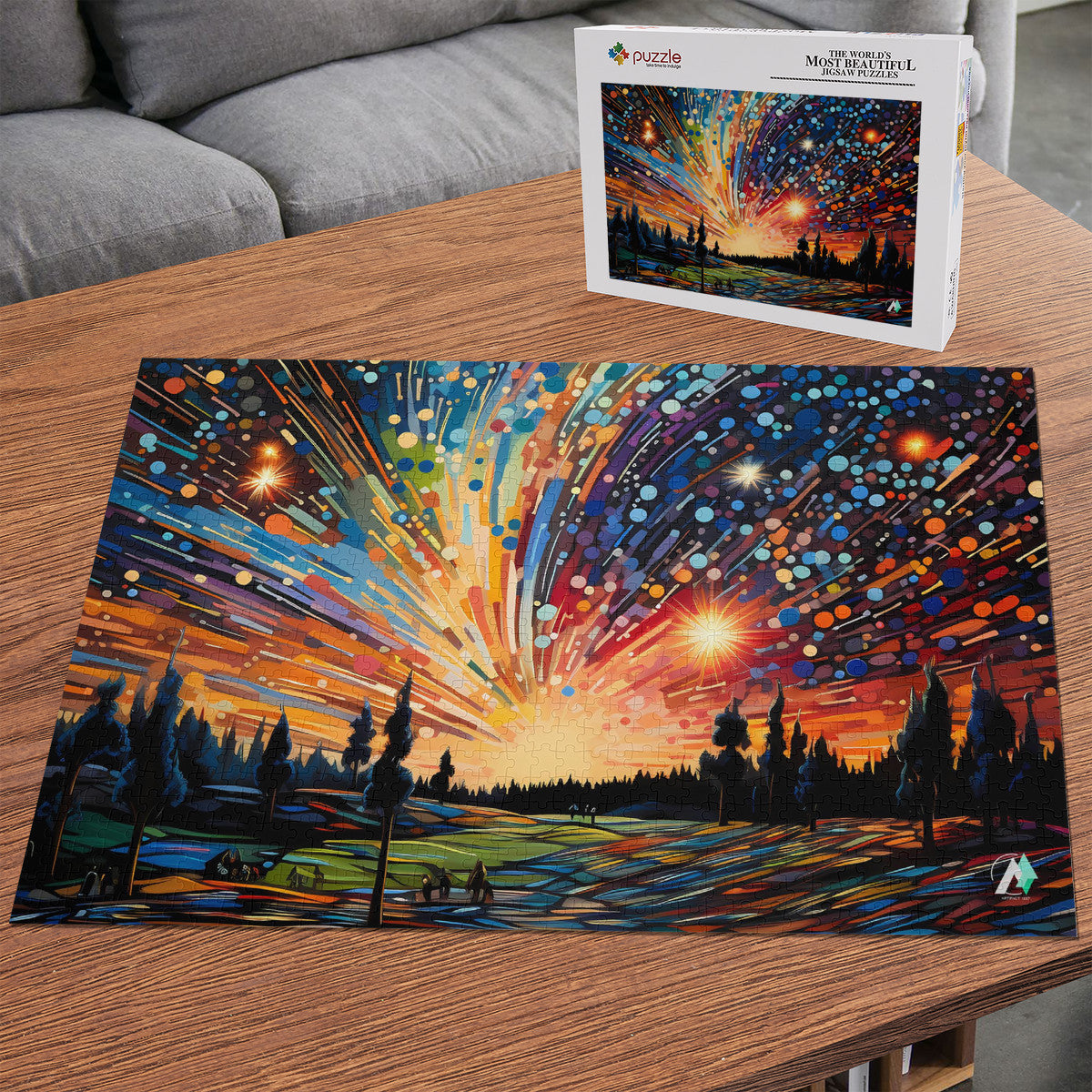 Meteor Shower Puzzle featuring vibrant artwork by @aihabit, available in 500 and 1000 pieces, crafted from premium ivory cardboard with satin finish.