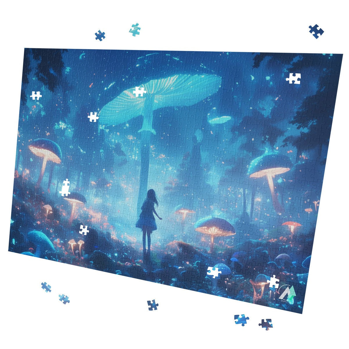 Forest of Magic VII Puzzle: A mystical girl in a mushroom-filled forest, available in 500 or 1000 pieces, featuring premium ivory cardboard with satin finish.