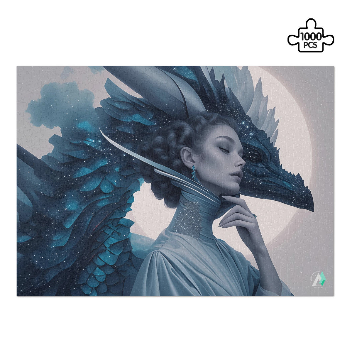 Wyvern Wyre II Puzzle: A 500 or 1000-piece jigsaw featuring a woman with a dragon next to her head, crafted from premium ivory cardboard with satin finish.