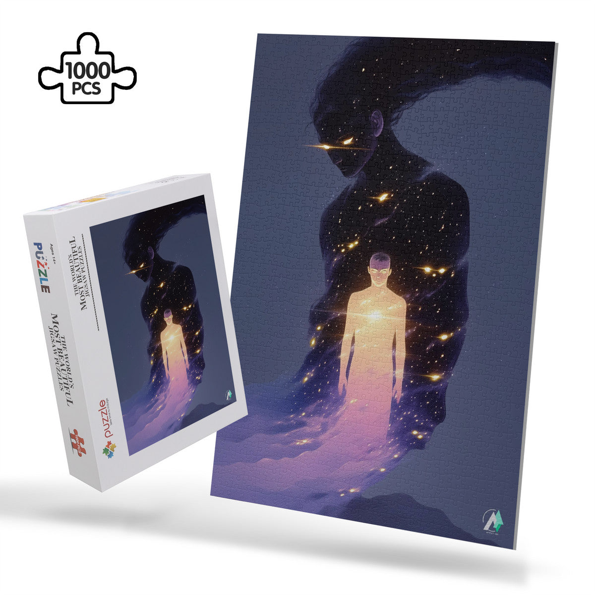 Anomaly II Puzzle featuring artwork of a person with light emanating from the body, available in 500 and 1000 pieces.