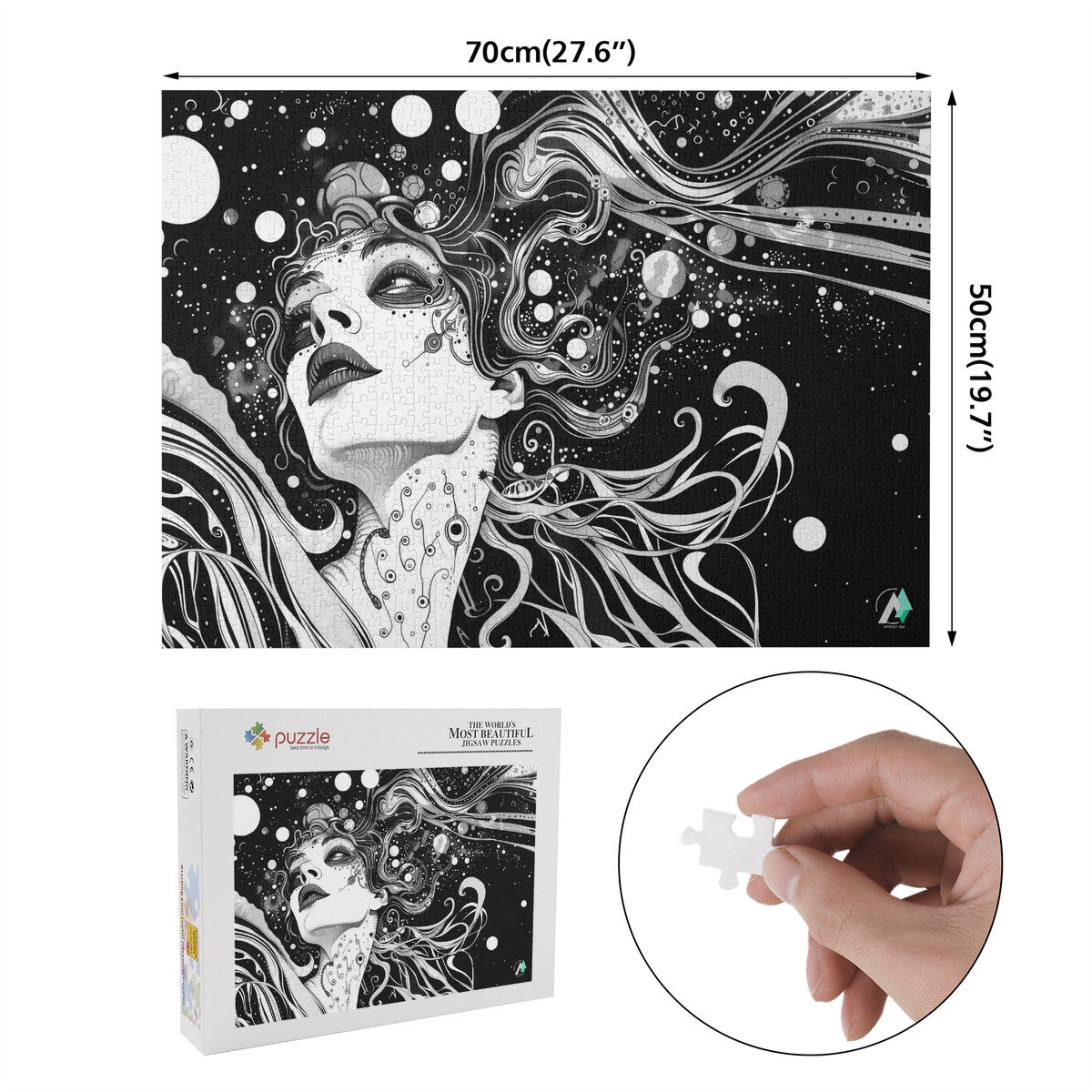 Discernment I Puzzle featuring a black and white illustration of a woman's face, available in 500 or 1000 pieces, by artist @shinjoku13.
