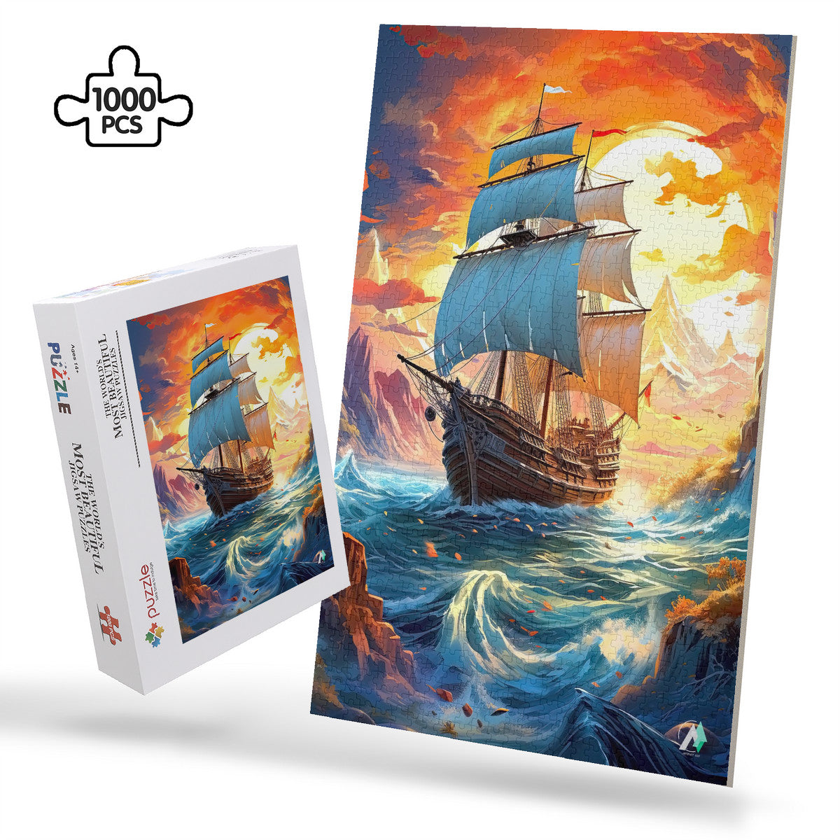 Treacherous Sailing Puzzle featuring a ship navigating ocean waves, available in 500 or 1000 pieces, crafted from premium ivory cardboard with satin finish.