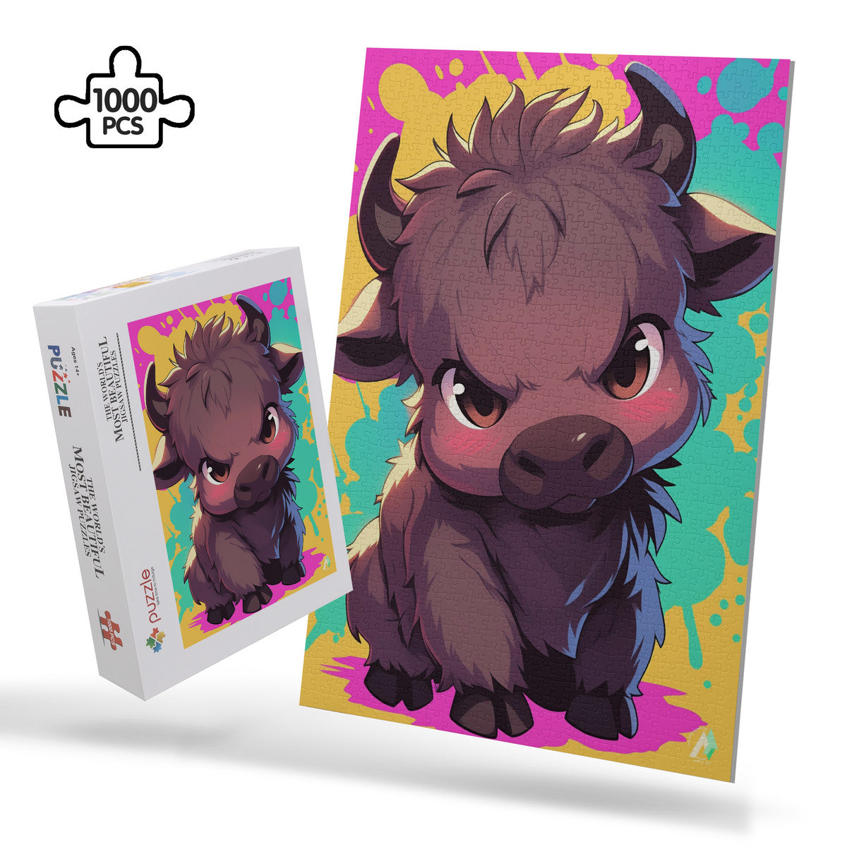 Chibi Safari Wildebeest Puzzle featuring a cartoon buffalo design. Available in 500 and 1000 pieces, crafted from premium ivory cardboard with a satin finish.