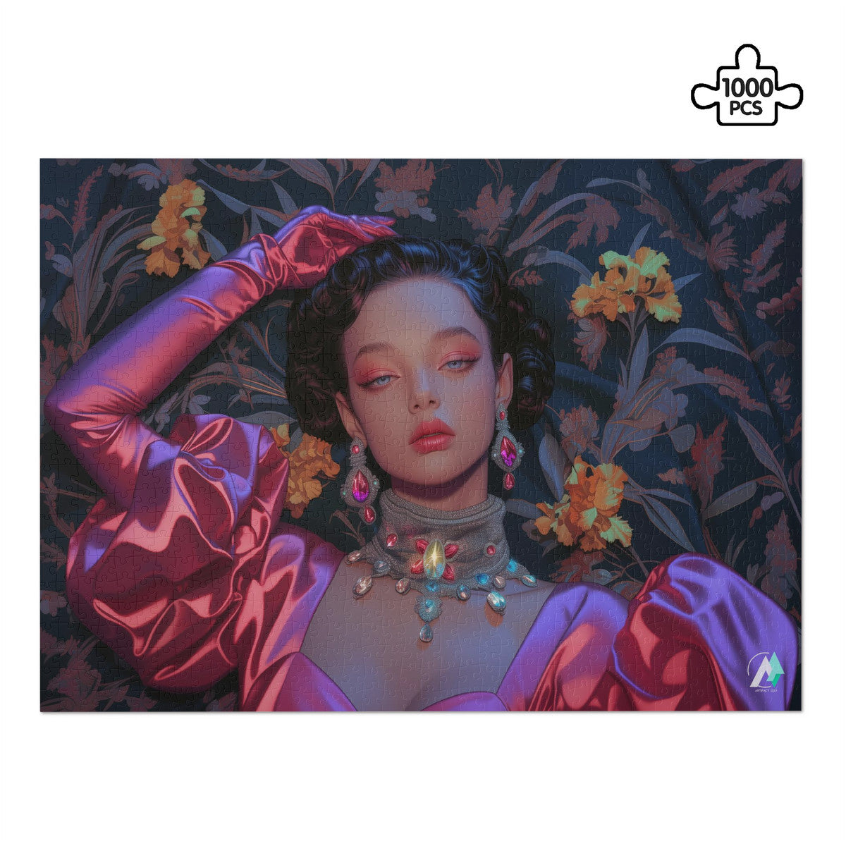 Let Them Eat Cake II Puzzle: A woman's face in pink dress, detailed jewelry, 500 or 1000 pieces, premium cardboard, inspired by artist @shinjoku13.