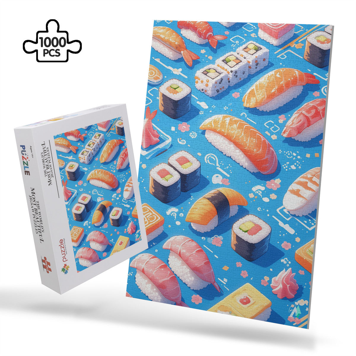 Sushi II Puzzle features intricate sushi-themed designs on premium ivory cardboard, available in 500 and 1000 pieces by artist @shinjoku13.