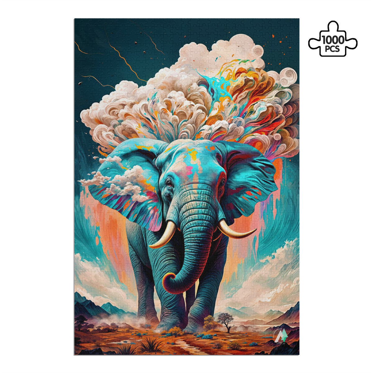 Elemental Elephant Puzzle featuring a vibrant elephant with colorful clouds, available in 500 and 1000 pieces, crafted from premium ivory cardboard.