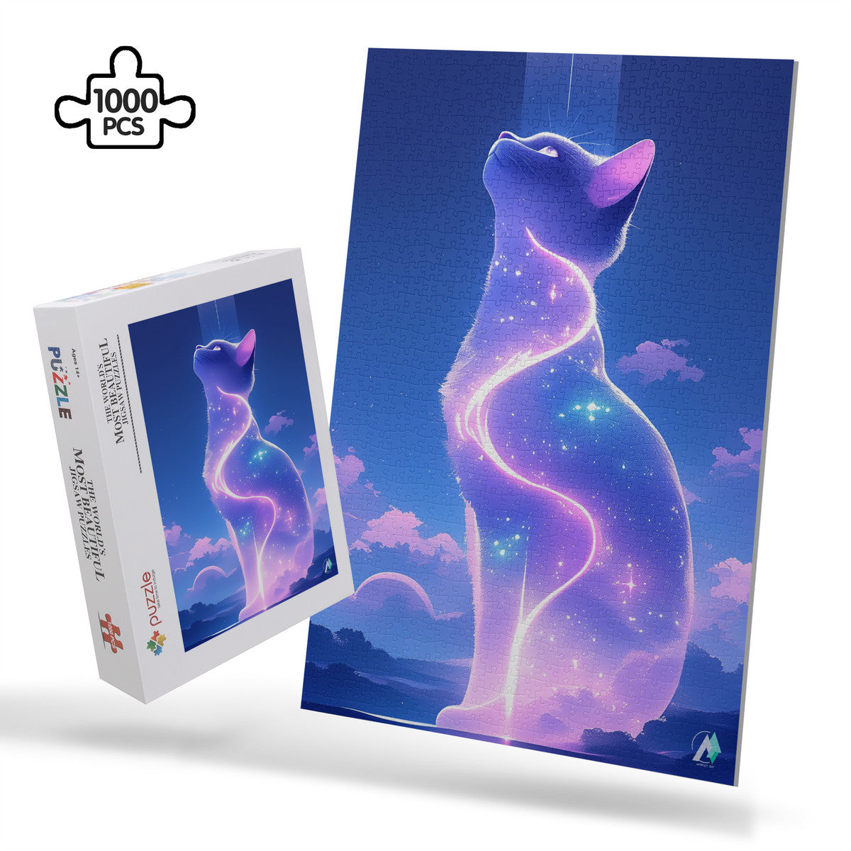 Milky Way Meow IV Puzzle showcases a cat-themed jigsaw puzzle, available in 500 and 1000 pieces, crafted from premium ivory cardboard.