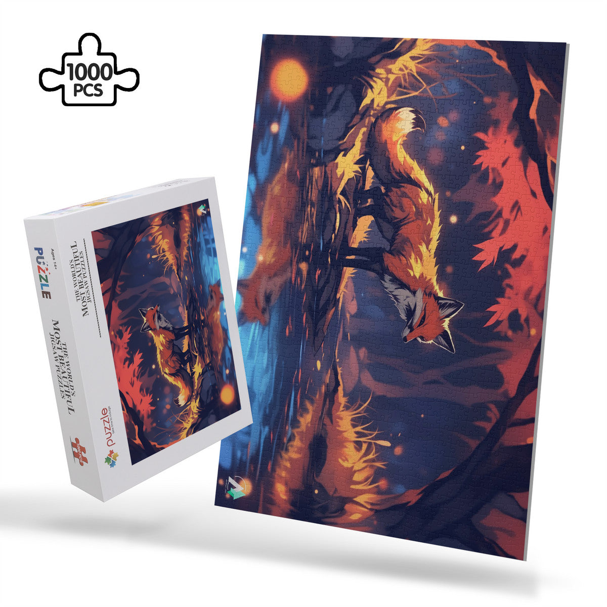 Fall'n for Foxes VIII Puzzle features a fox standing on a river, crafted with premium ivory cardboard in 500 and 1000 pieces.