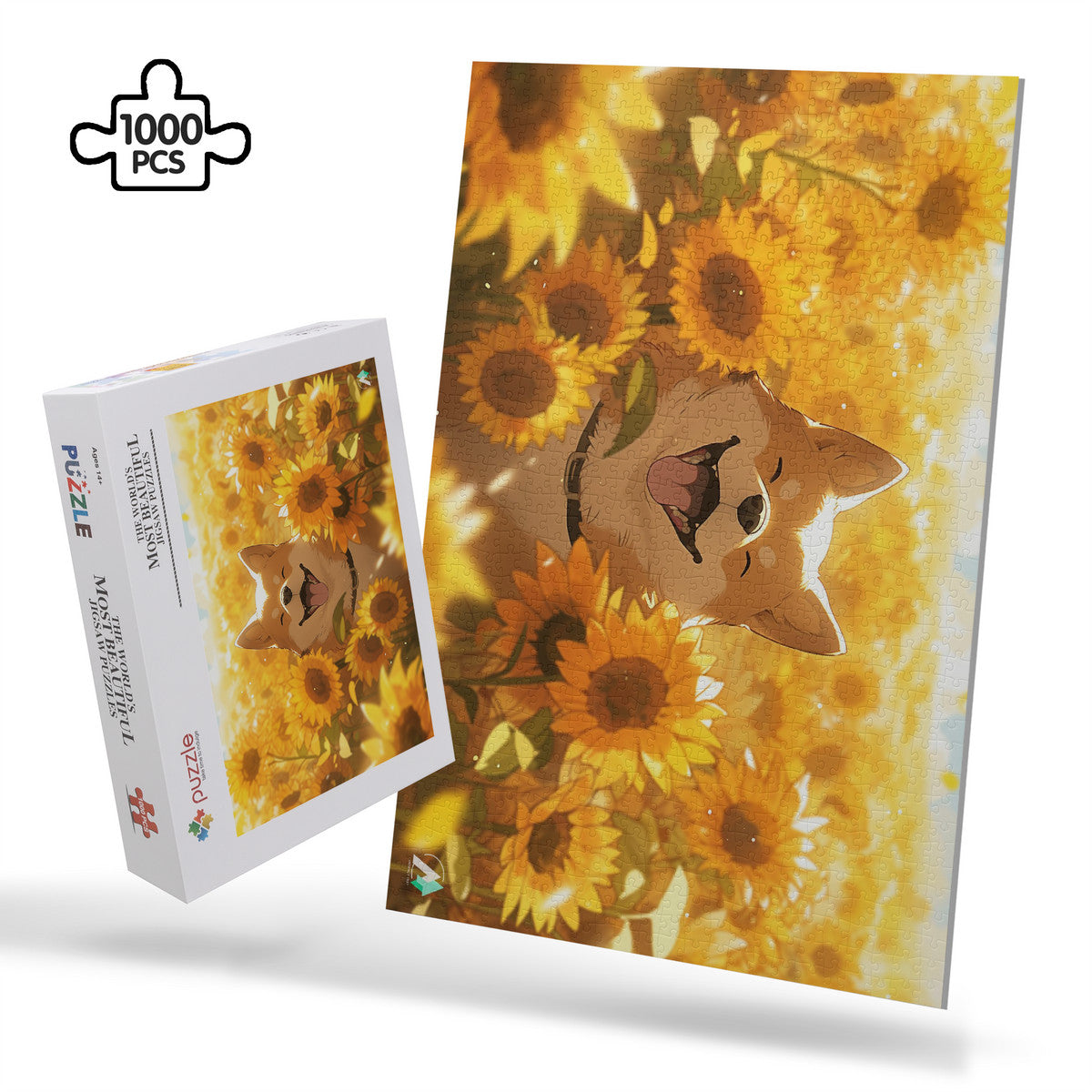 Chibi Shiba III Puzzle: A dog in a sunflower field puzzle, available in 500 or 1000 pieces, featuring artwork by @shinjoku13.